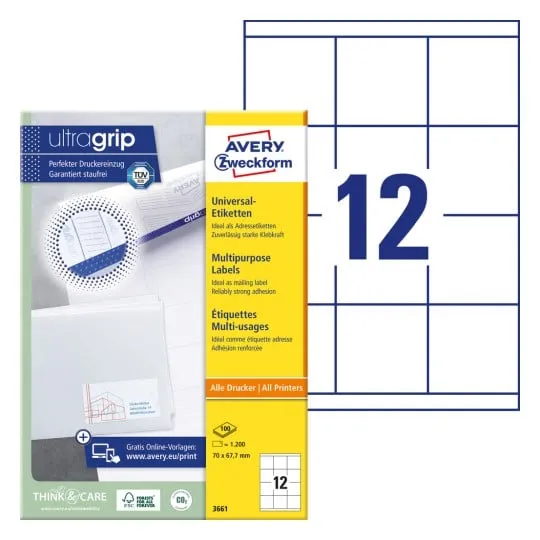 Universaletiketter Avery 67,7x70 mm hvid med Ultragrip - (100 ark x 12 stk.)