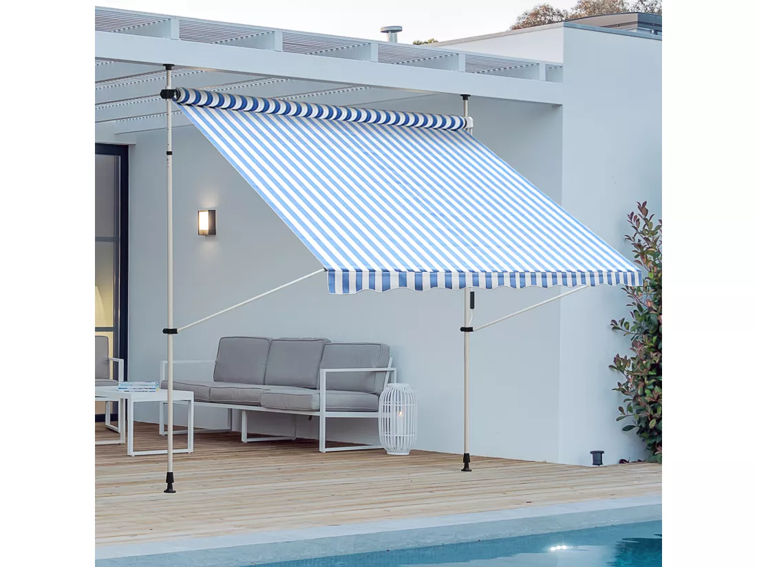 Store banne manuel rétractable 2,5L x 1,5l x 2-3H m inclinaison réglable installation rapide métal alu polyester bleu blanc rayé