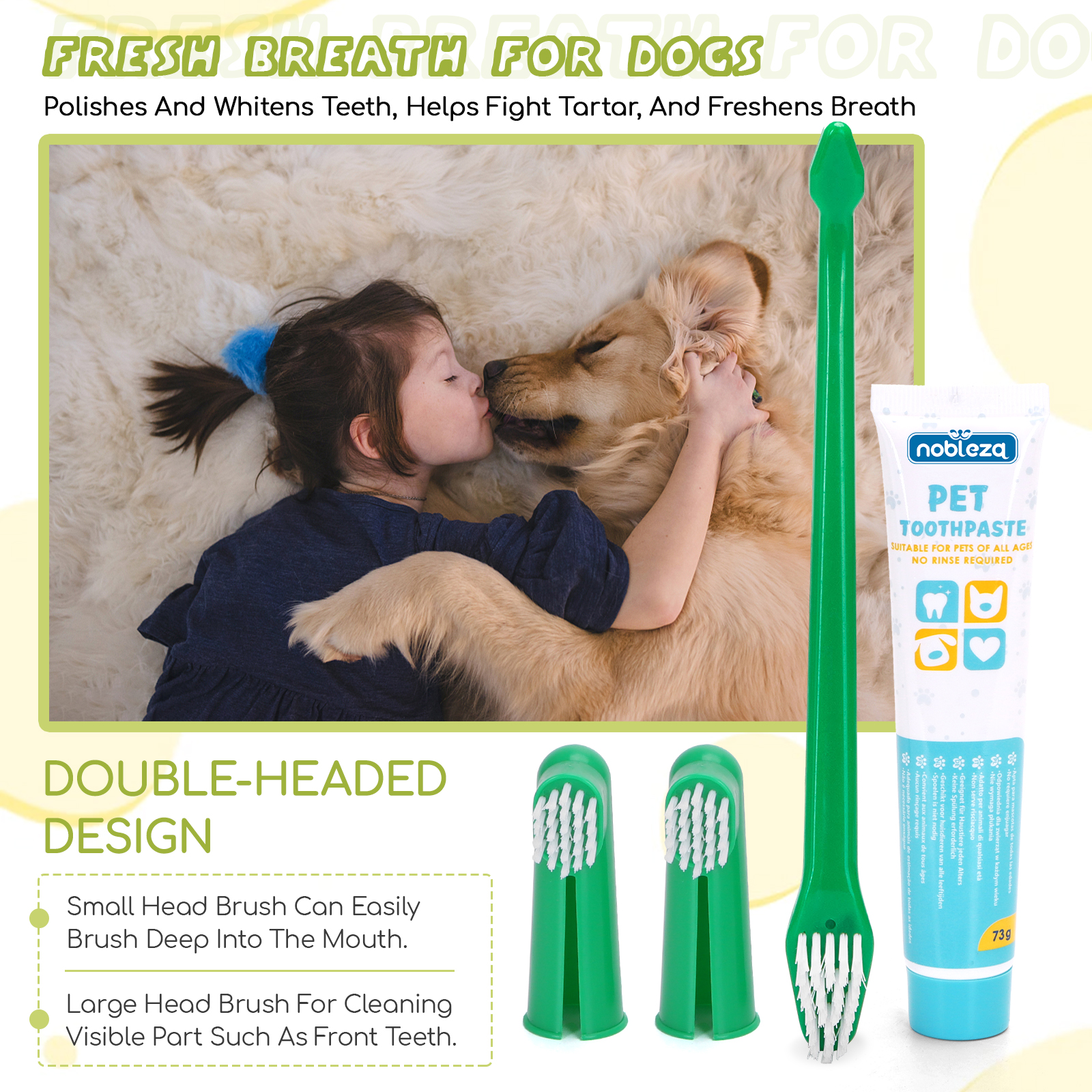 Nobleza - Kit de Higiene Dental para Cães, Limpeza e Cuidados Dentais, Previne Placa e Tártaro, Pasta de Dente para Cães 73g, com Três Escovas de Dente (1)