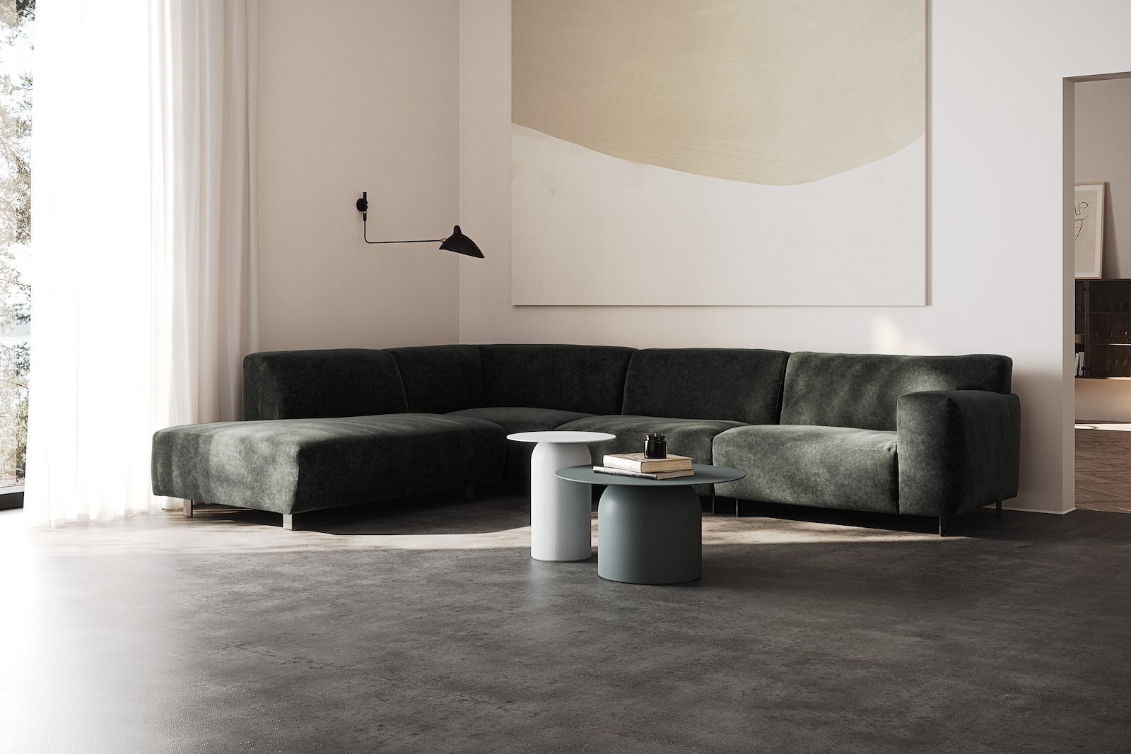 Vesta hjørnesofa 3-seter med åpen ende venstre, Big hjørnemodul, Tekstil Eros Antracit, standardsøm, sort metallben 10 cm, Comfort CM