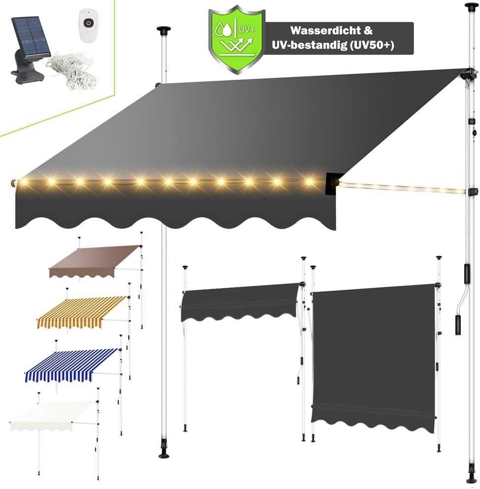 Melko Sonnenmarkise Balkon 400 cm Klemmmarkise mit LED Weiß/Orange Balkomarkise ohne Bohren Fenstermarkise