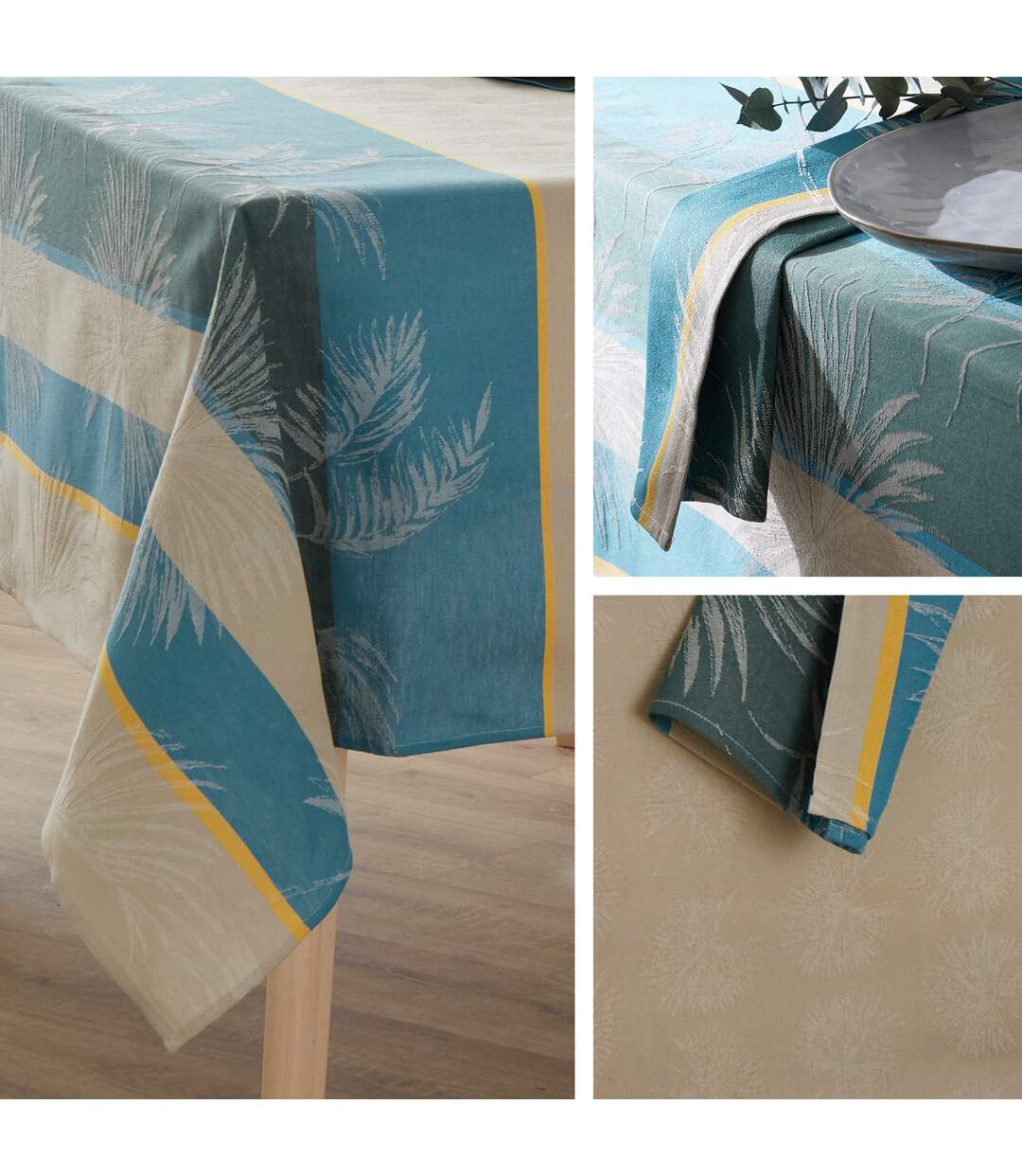 Nappe rectangle 150x350 cm PALMIER bleu lagon Jacquard coton +