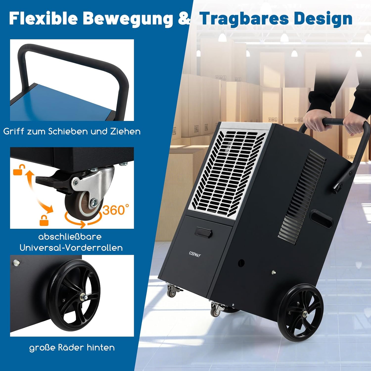 COSTWAY 66 L/Tag Luftentfeuchter, Bautrockner mit Pumpe & Ablaufschlauch, Industrie Trocknungsgerät mit 24H Timer & 4 Rädern für Keller, Lager, Baustelle (schwarz und weiß)