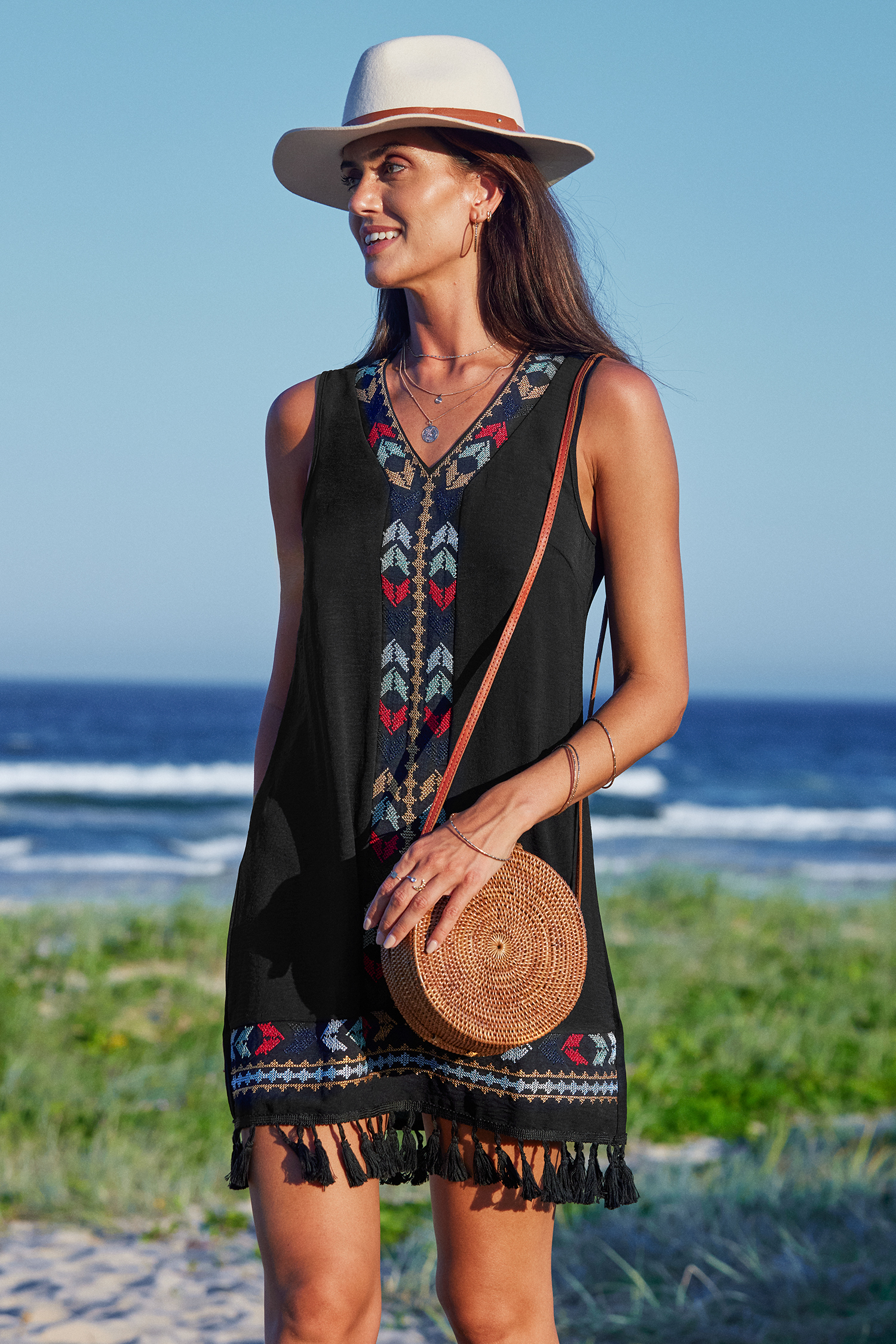Robe mini rétro boho à glands en broderie