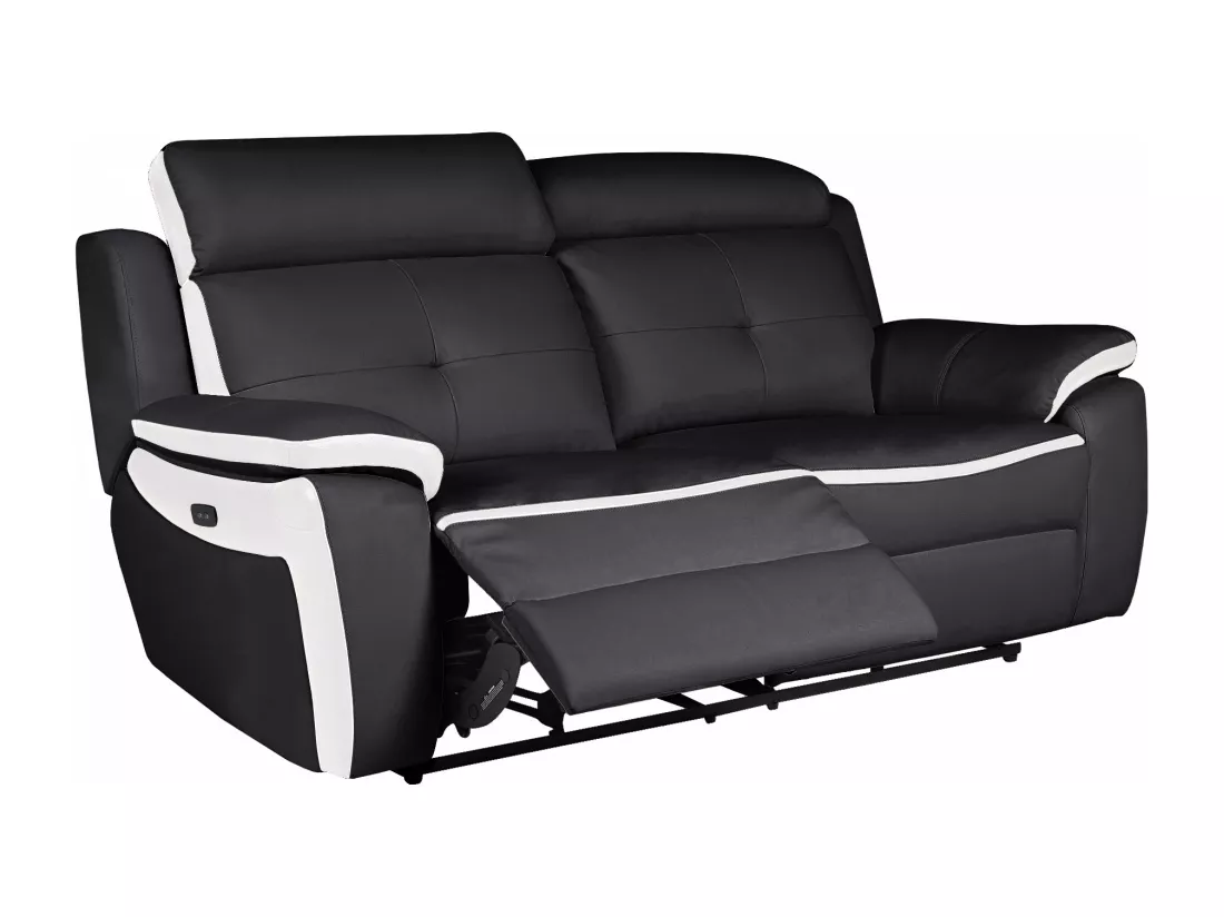 Canapé 3 places et un fauteuil relax électrique en cuir ANGELIQUE - Noir/blanc