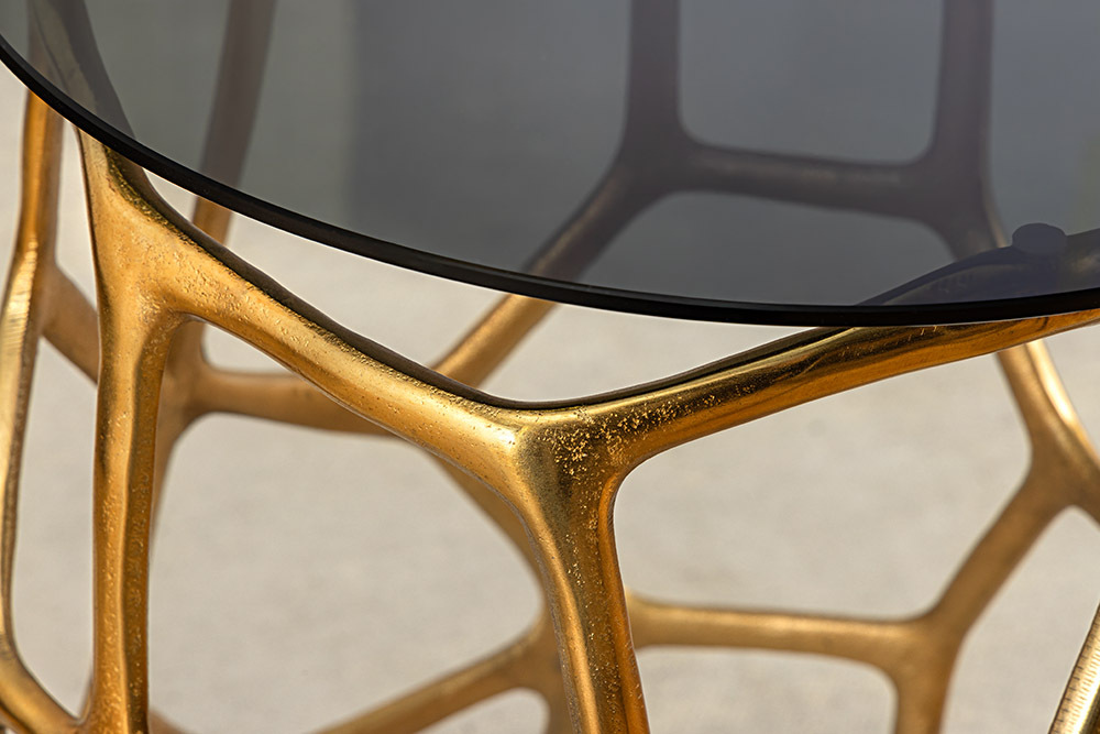 Handgefertigter Beistelltisch LIQUID GEOMETRIE 50cm gold rund Metall Schwarzglas