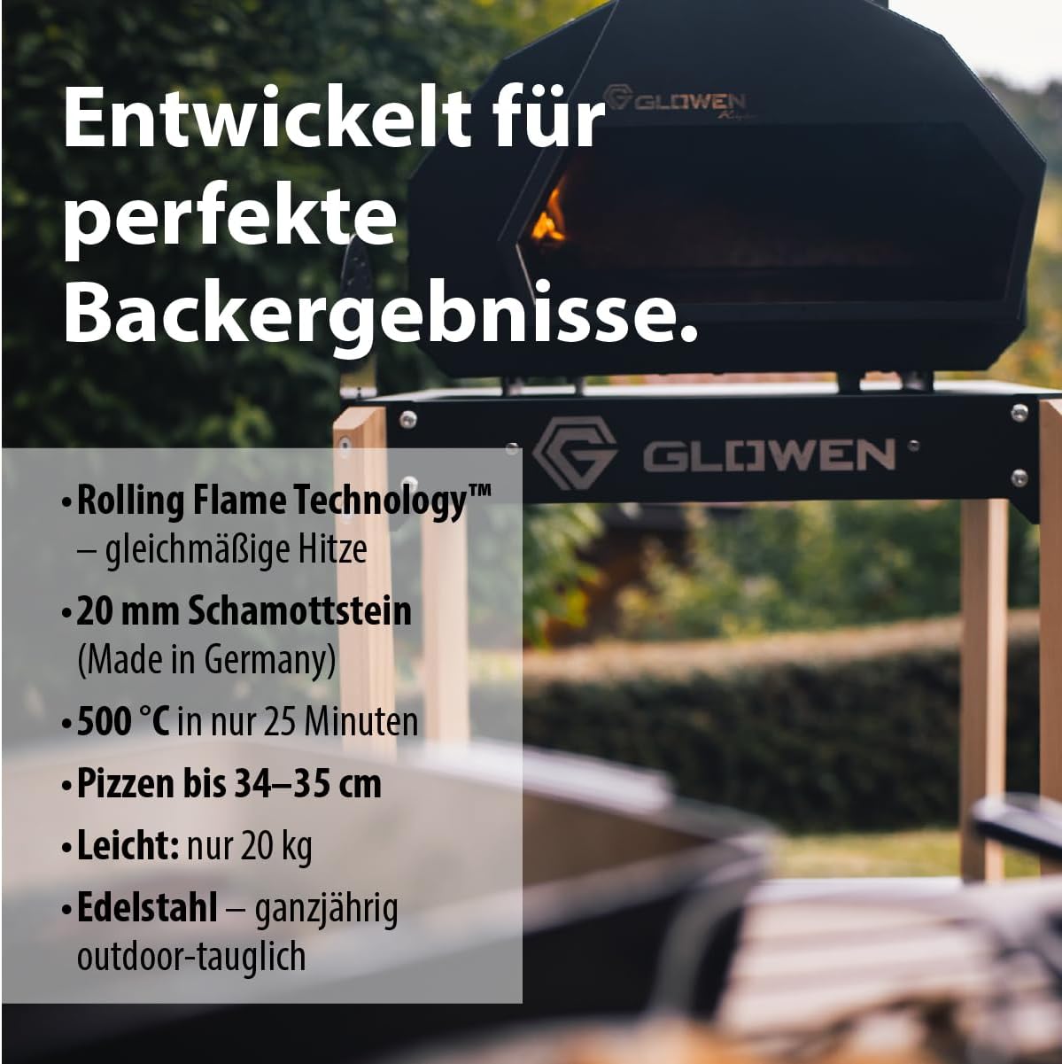 Glowen Raptor Pizzaofen Gas und Holz - Multi-Brennstoff Pizza Ofen Outdoor für Pizzen bis 34 cm – Erreicht in nur 25 Minuten 500 °C – Rolling Flame Technology – 20 mm Schamottstein (Schwarz)