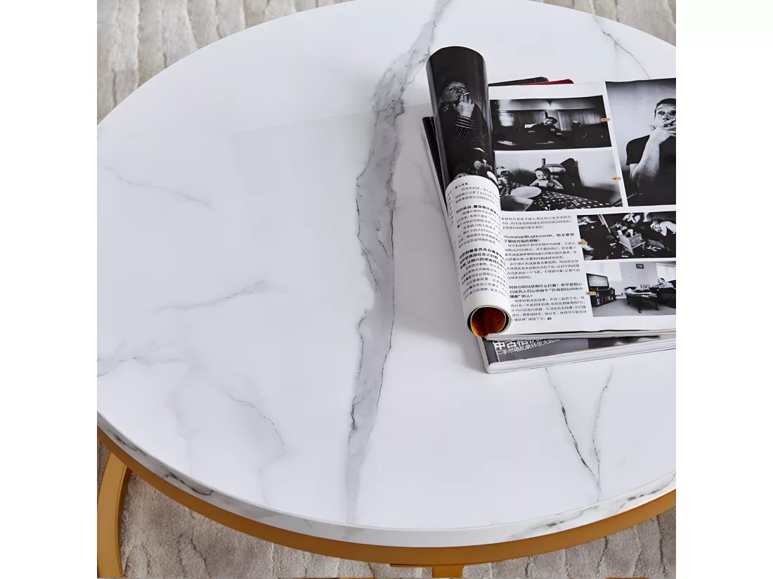 Lot de 2 Tables Basses gigognes - Marbre Blanc avec Structure en métal Dore - Table d'appoint Ronde - Table de salon Moderne, Tables de salon pour salon, Chambre à Coucher, Balcon