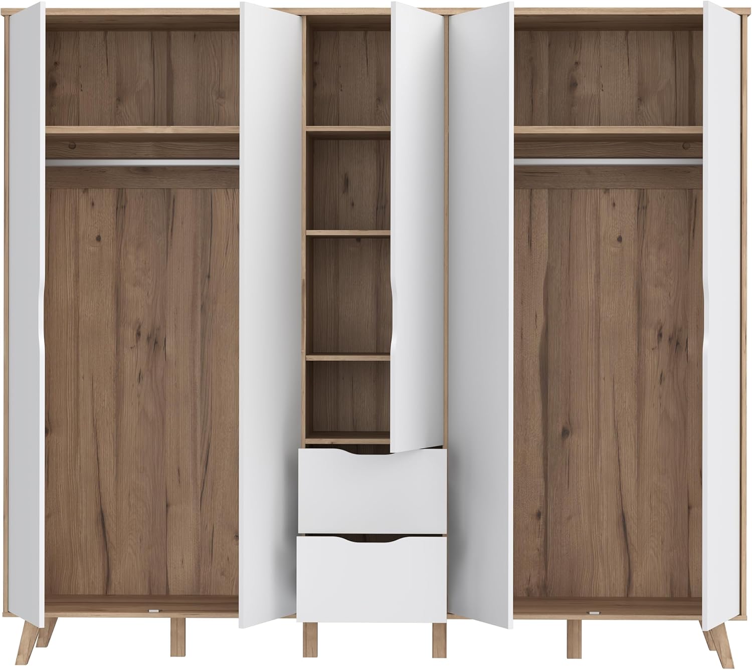 Forte VANKKA Kleiderschrank 230, Skandi Schrank mit 5 Drehtüren und 2 Schubladen, Filigrane Möbelbeine, Holzwerkstoff, Planked Eiche Holzdekor | Weiß, 228,8 cm breit x 201,5 cm hoch x 52,7 cm tief