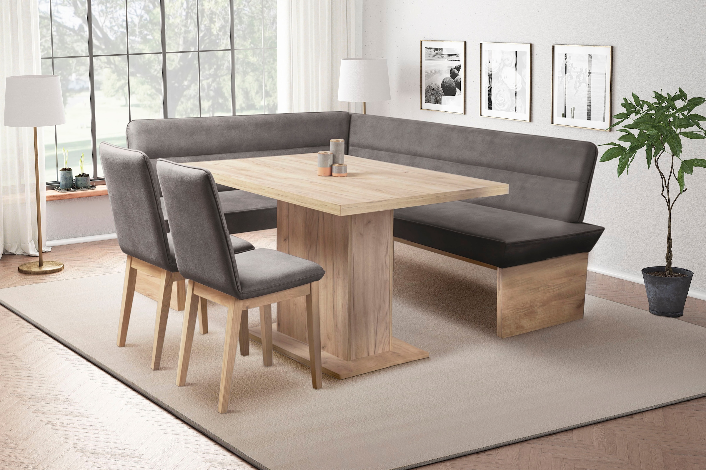 GOODproduct Eckbankgruppe »Beluna + Cross Essecke Sitzgruppe Eckbank Küchenbank« Set, Eckbank, 2 Stühle und Tisch, 4 Stk. tlg. Sitzgruppe Esszimmer Stühle Tisch und Bank bequem gepolstert