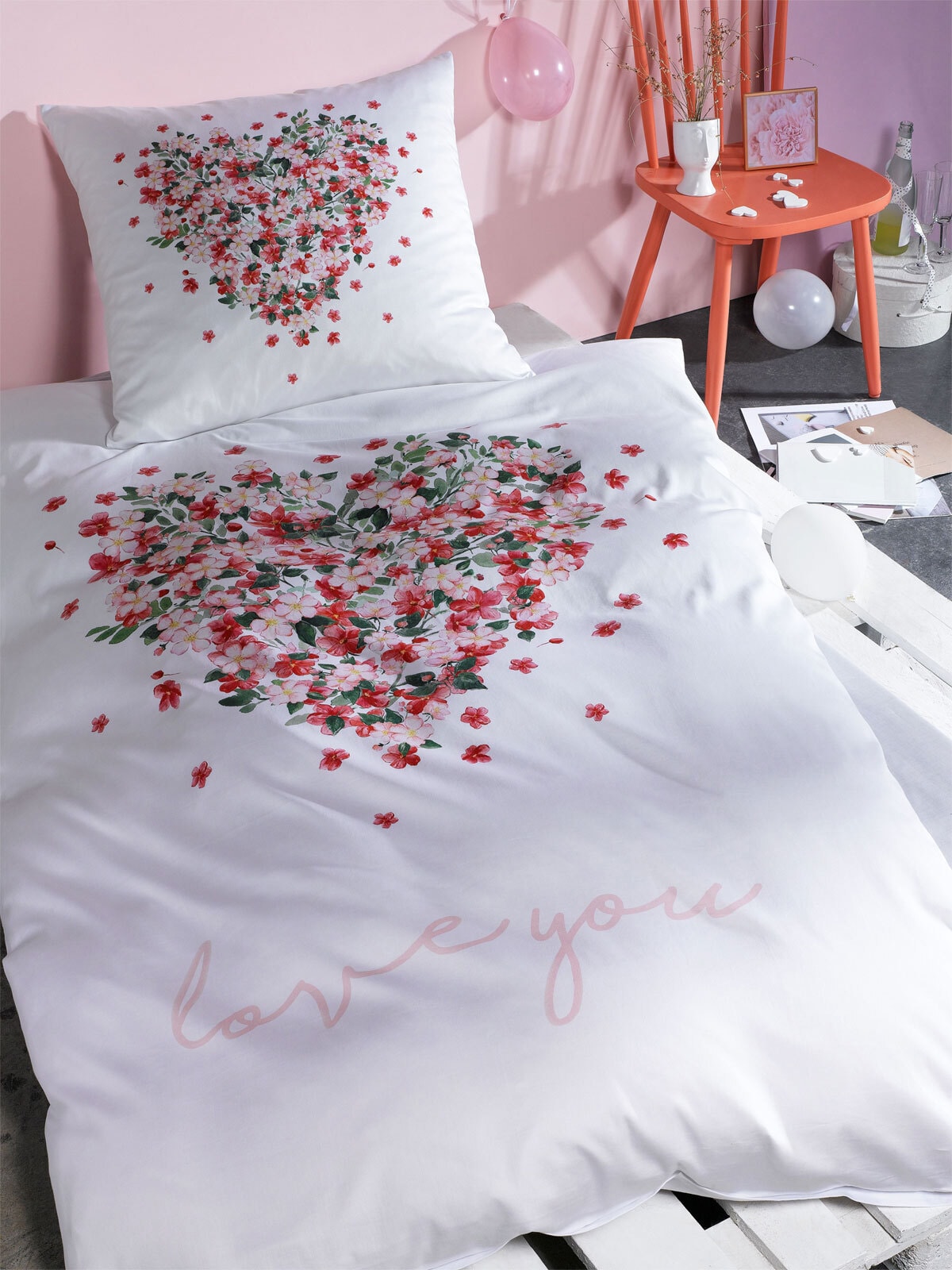 casaNOVA Satin-Bettwäsche FLOWERS IN LOVE 135 x 200 cm weiß/pink