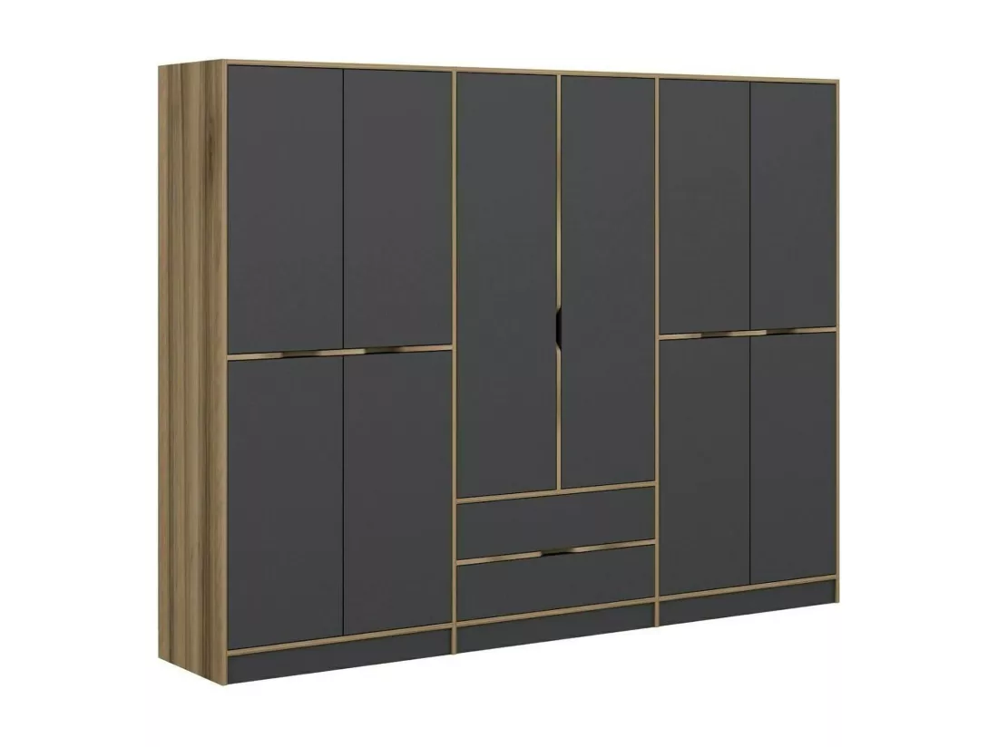 Grande Garde-robe Draic, Meubles de chambre, Penderie de plain-pied, Placard à vêtements, 277x52 h208 cm, Noir et Or