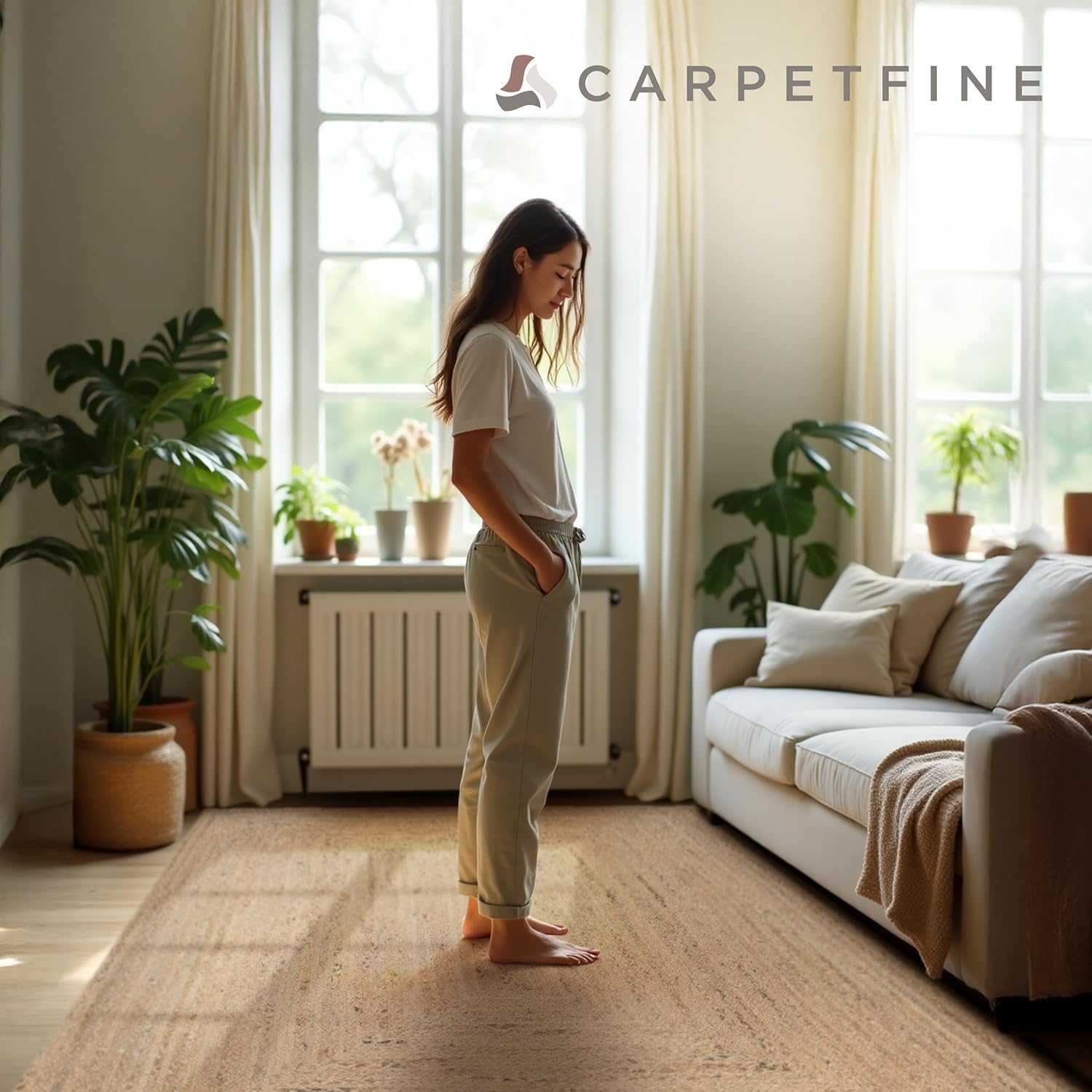 carpetfine Juteteppich Nele Beige handgewebt aus Jute 160x230 cm | Moderner Naturfaserteppich im Boho Style für Wohnzimmer, Küche und im Flur