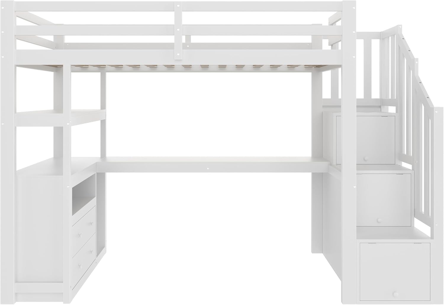 Hochbett mit Schreibtisch und Treppe, Etagenbett Kinderbett mit Stauraumschubladen und Regale, 90x200cm Stockbett Funktionsbett Kinderhochbett Jugendhochbett, inklusive Lattenrost, ohne Matratze,Weiß