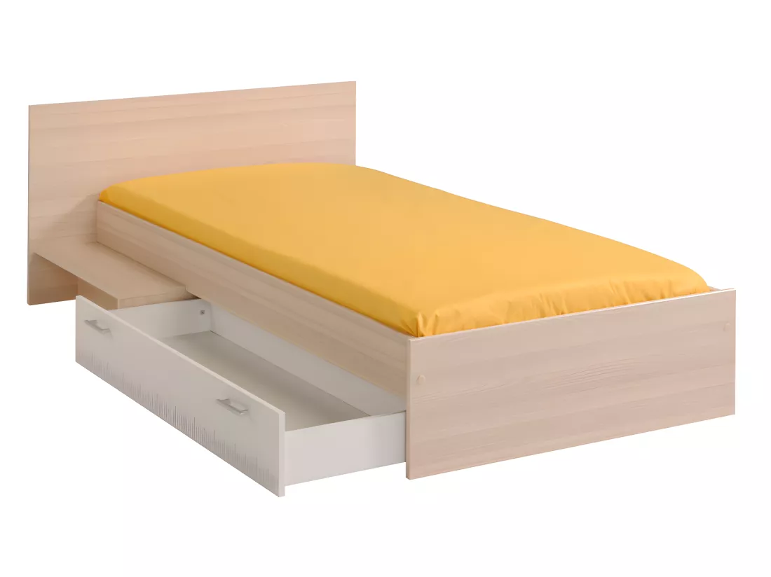 Lit enfant 90 x 190 cm avec 1 tiroir - Coloris : Naturel et blanc - IPLIA
