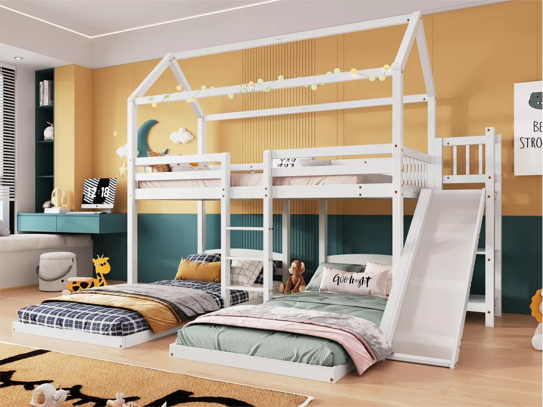 Lit superposé 90x200cm pour 3 enfants - toboggan avec étagères ouvertes - en bois de pin et MDF - Blanc