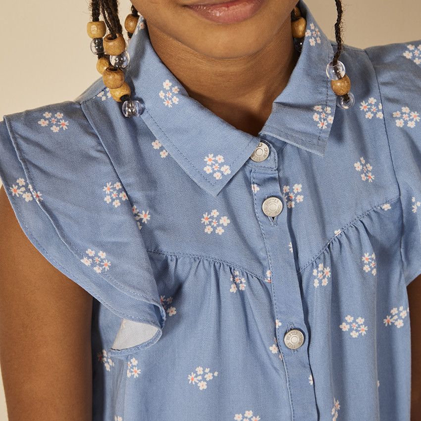 Robe manches courtes volantées imprimé fleurs pour fille - Bleu