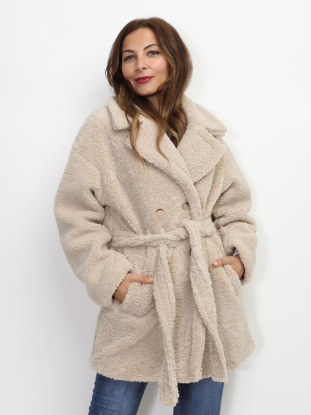 Manteau moutonné et ceinturé- Beige