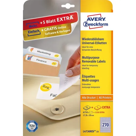 Avery Zweckform L4730REV-25 Universal-Etiketten,A4 17,8 x 10 mm, 30 Bogen/8.100 Etiketten, weiß