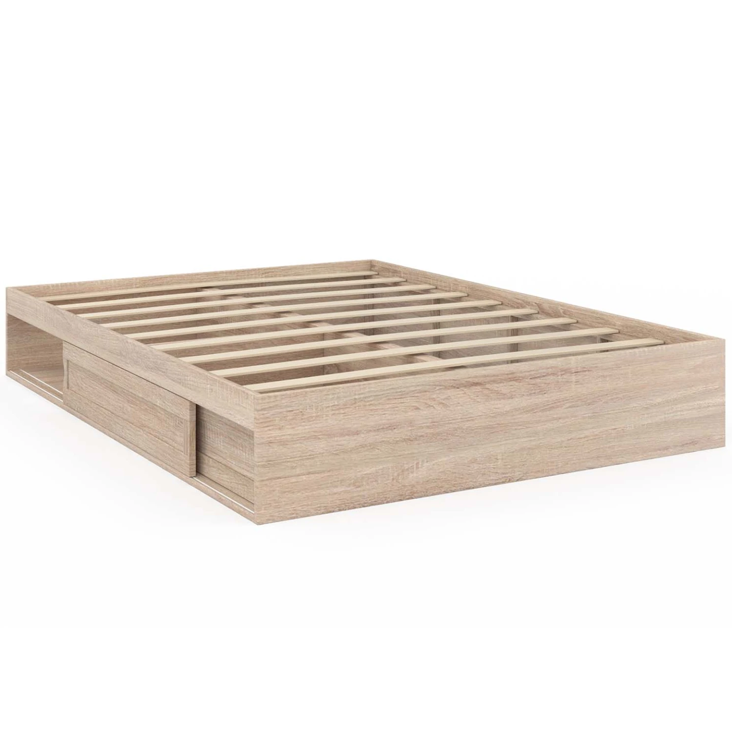 Cadre de lit double SALEM avec rangements et sommier 140 x 190 cm façon hêtre