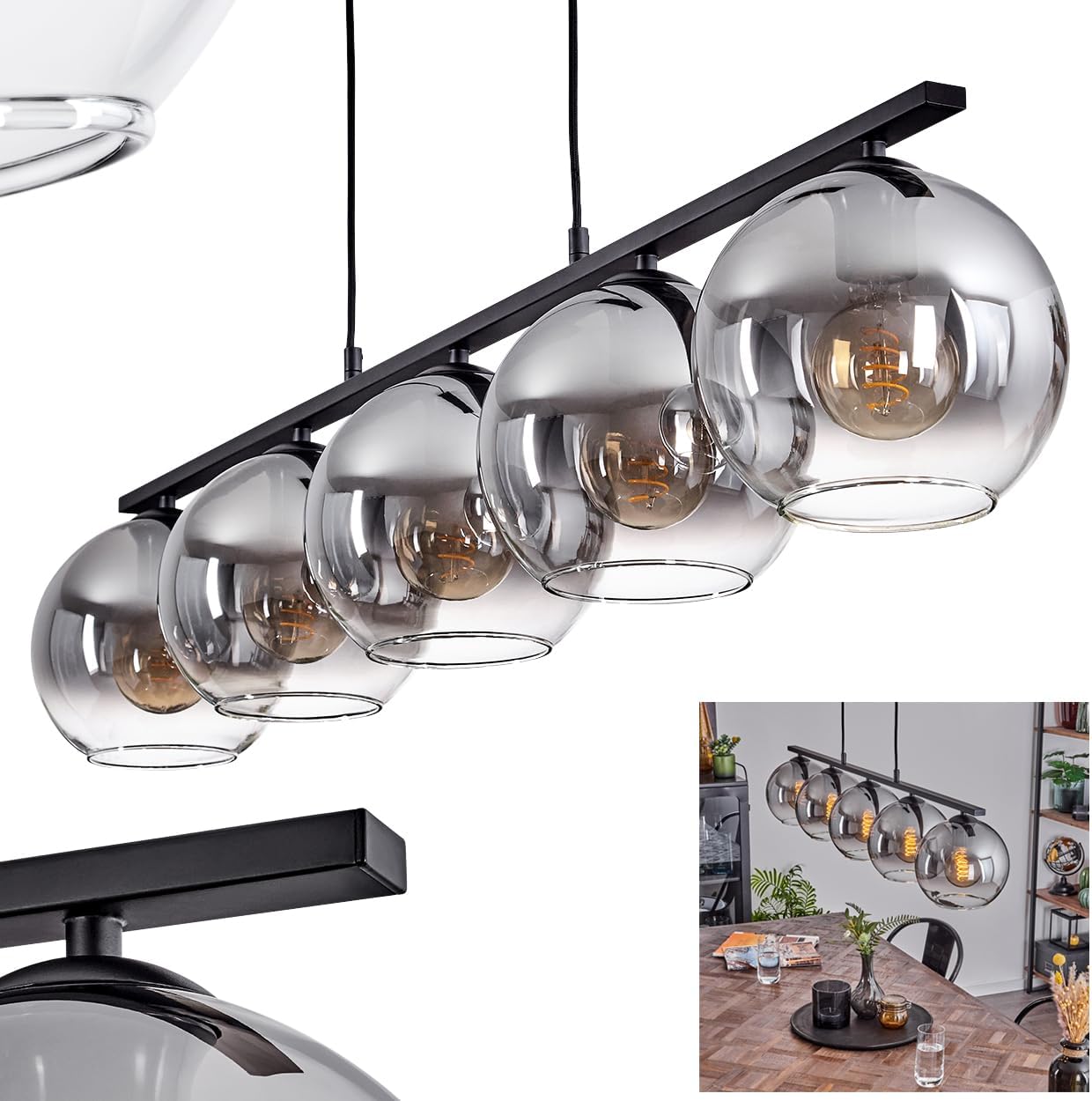 Pendelleuchte Koyoto, Hängelampe aus Metall/Glas in Schwarz/Rauchfarben/Klar, Hängeleuchte im Retro/Vintage-Design mit Glasschirmen (Ø 20 cm), 5-flammig, Höhe max. 116,5 cm, 5 x E27, ohne Leuchtmittel