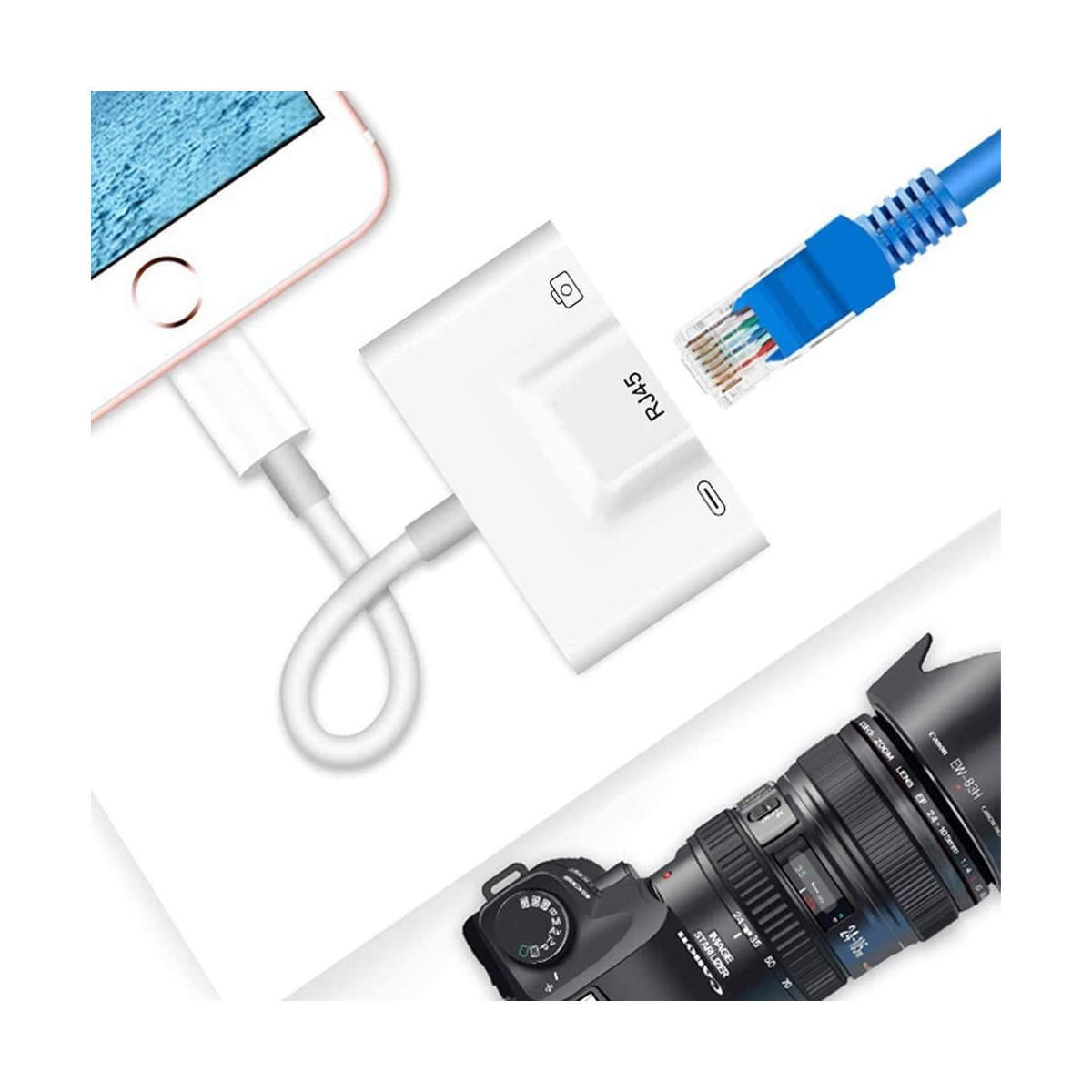 NÖRDIC Lightning Adapter 1 til 3 Porter 1x USB3.1 1x RJ45 10/100 Mbps 1X Lightning for lading