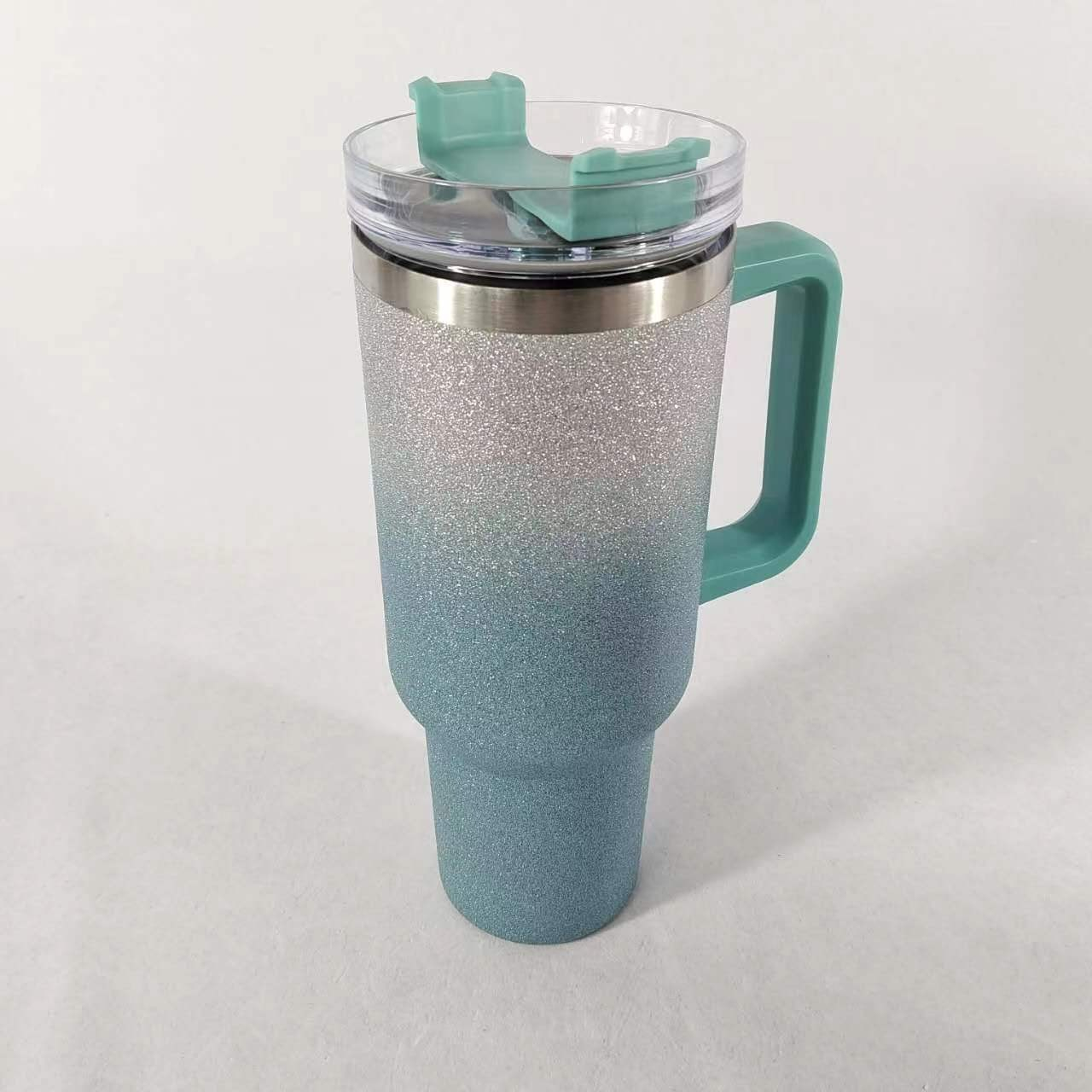 (1.2L) Edelstahl Thermo Kaffee Becher Doppelwandiger Trinkbecher Glitzer Thermoskanne mit Deckel   Strohhalm - Türkis