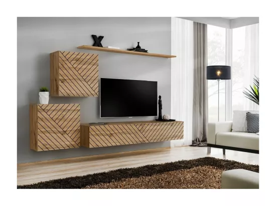 Ensemble de meubles design de salon SWITCH V, coloris chêne wotan finitions fraisées.