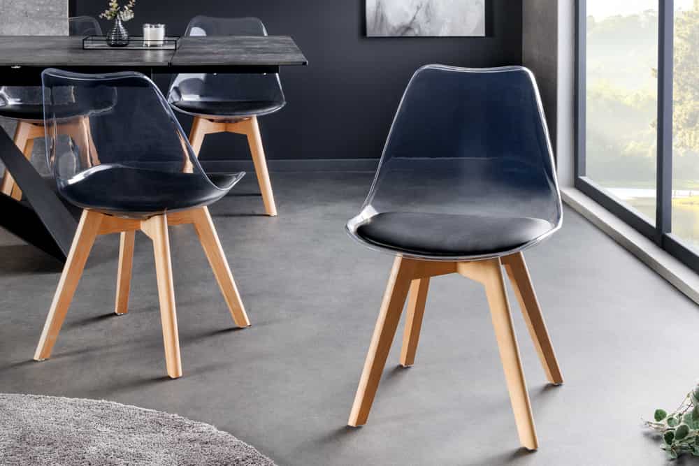 Design Stuhl SCANDINAVIA MEISTERSTÜCK transparent schwarz Kunststoff Buchenholz natur