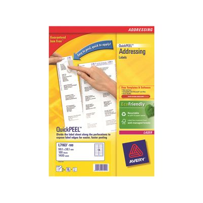 Avery - 1400 Étiquettes adresse recyclées blanches - 38,1 x 99,1 mm - Impression laser - réf LR7163-100