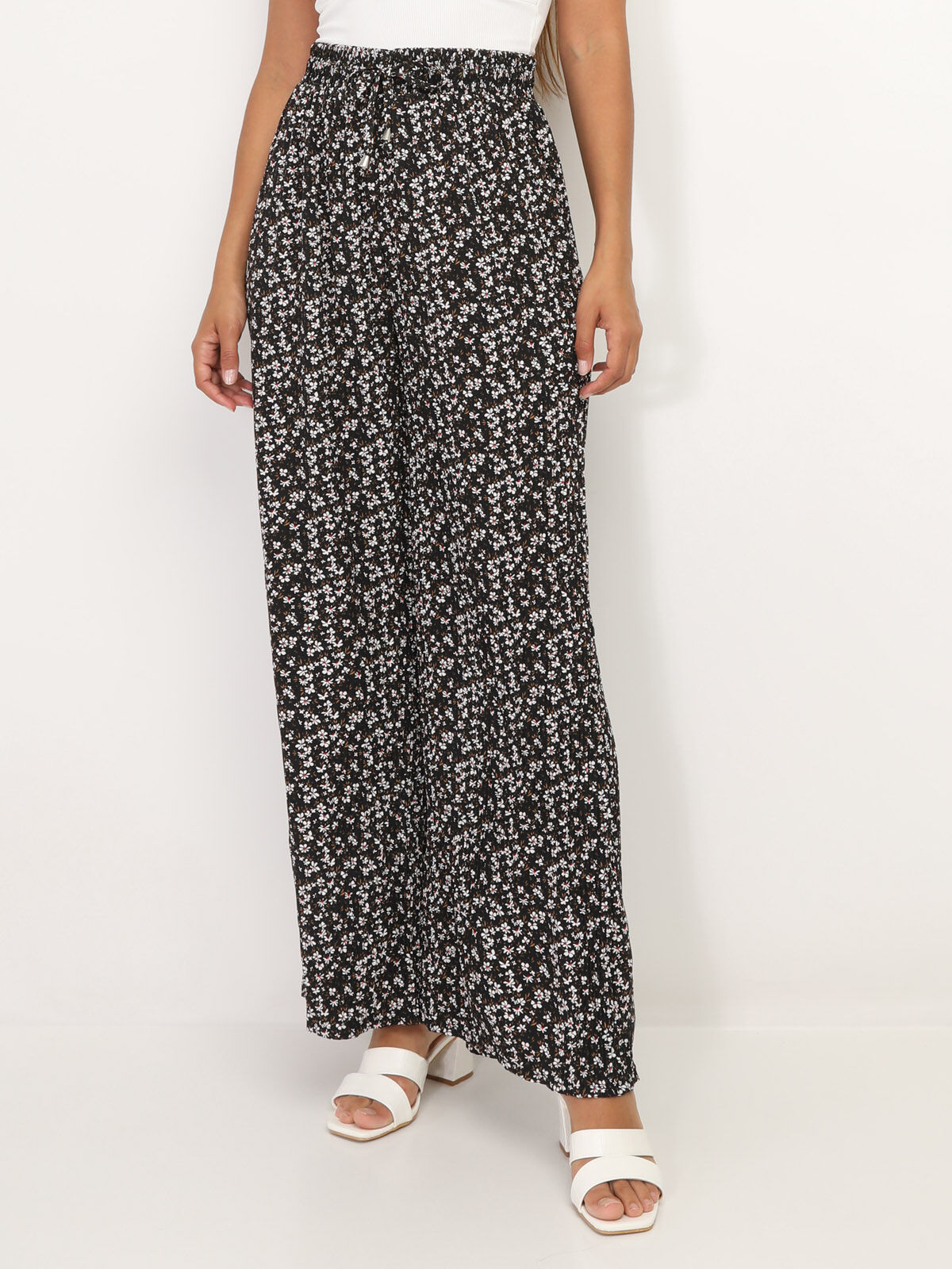Pantalon plissé à motif floral- Noir