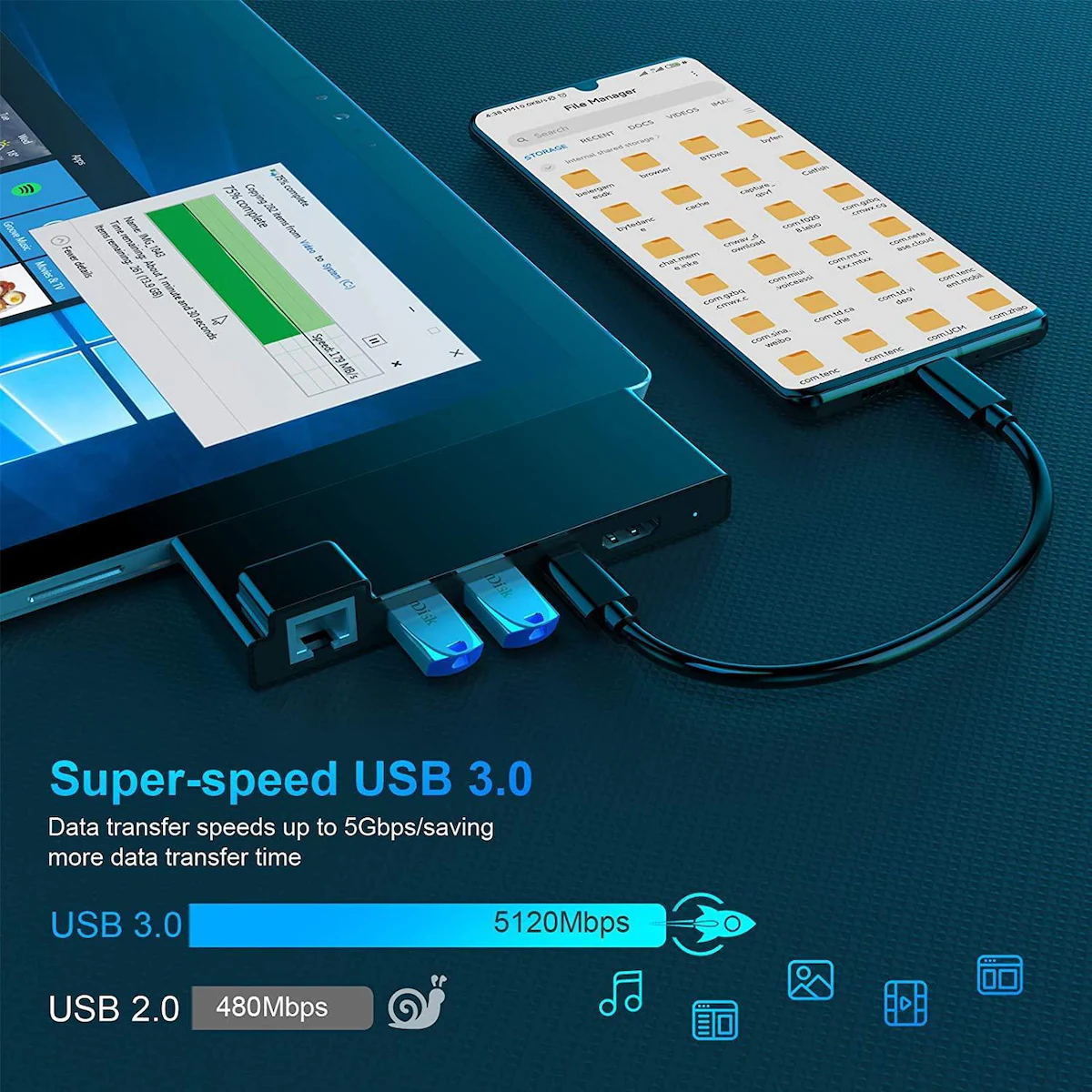 NÖRDIC USB 7-ports dockingstasjon for MicroSoft Surface Pro7 1xHDMI4k30Hz 2xUSB-A 5Gbps 1xUSB-C PD87W 1xRJ45 LAN og 1xTF og 1xSD