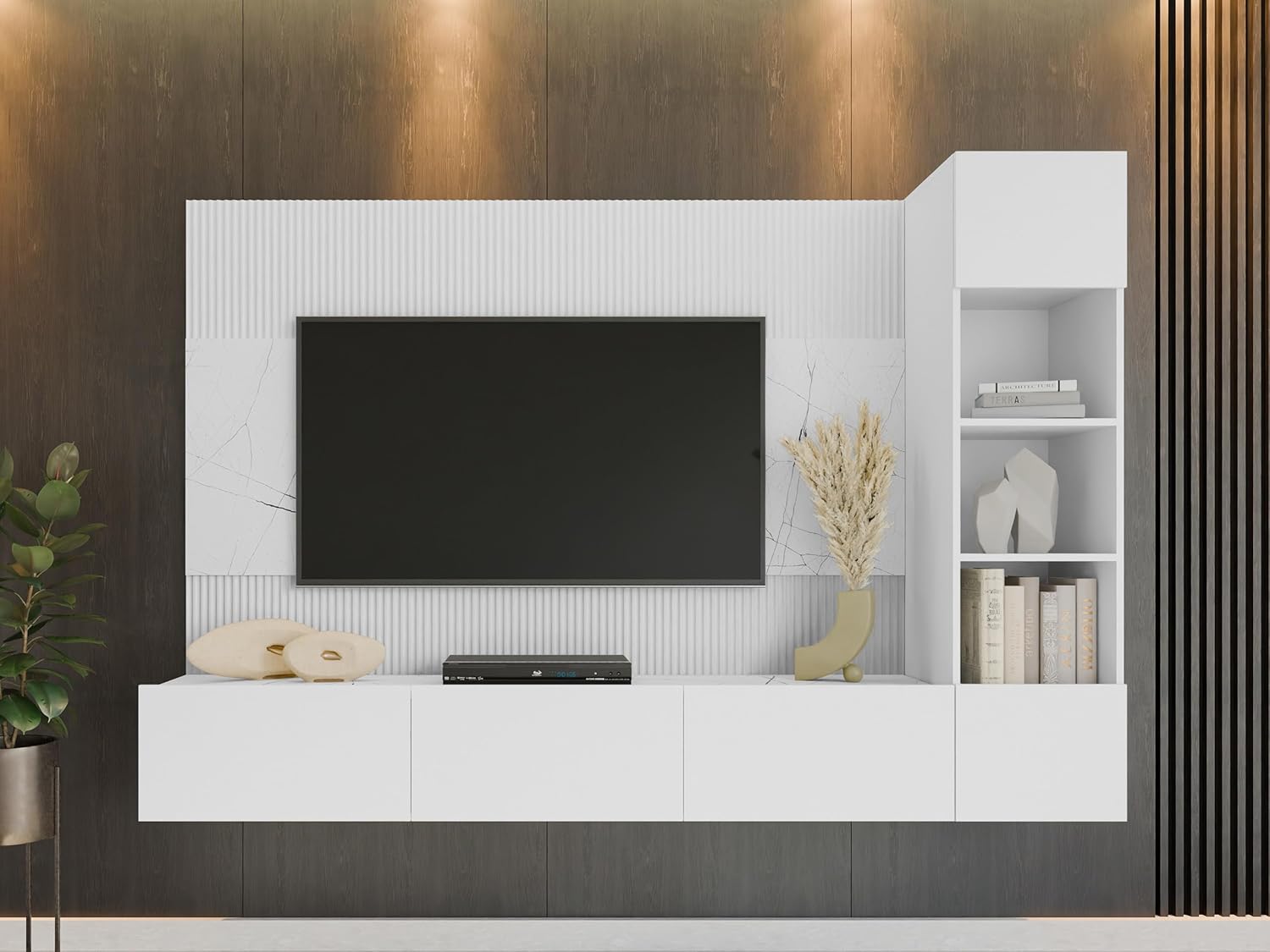 Mirjan24 Wohnwand Deromi, Anbauwand mit Wandpaneele und TV-Lowboard, Akustikplatten, Fernsehschrank, Schrankwand, Mediawand, TV-Lowboard (Weiß + Weiß Marmor, 1x Hängeregal)