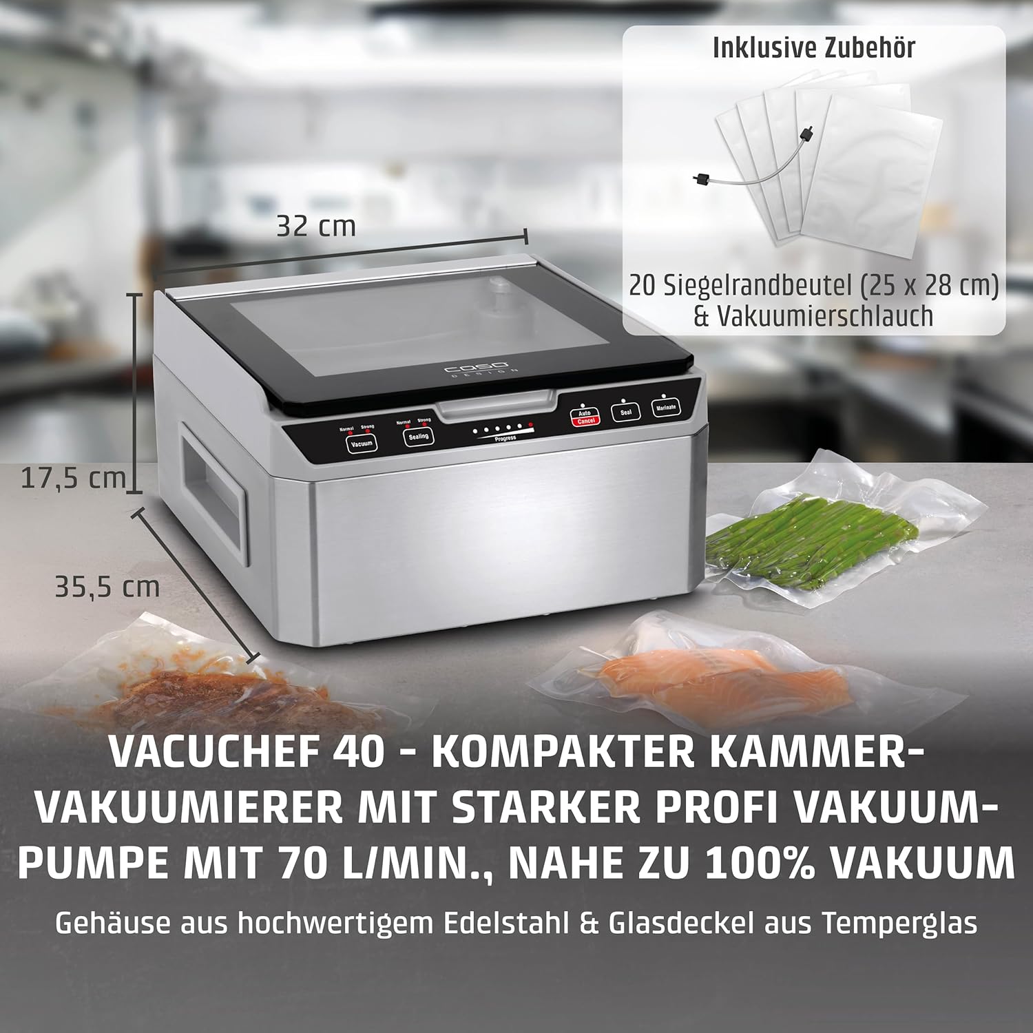 Caso VacuChef 40 - Kammervakuumierer aus Edelstahl, 3L Vakuumkammer 70 Liter/Minute, doppelte Schweißnaht, einstellbare Vakuum- und Schweißzeit, 1417