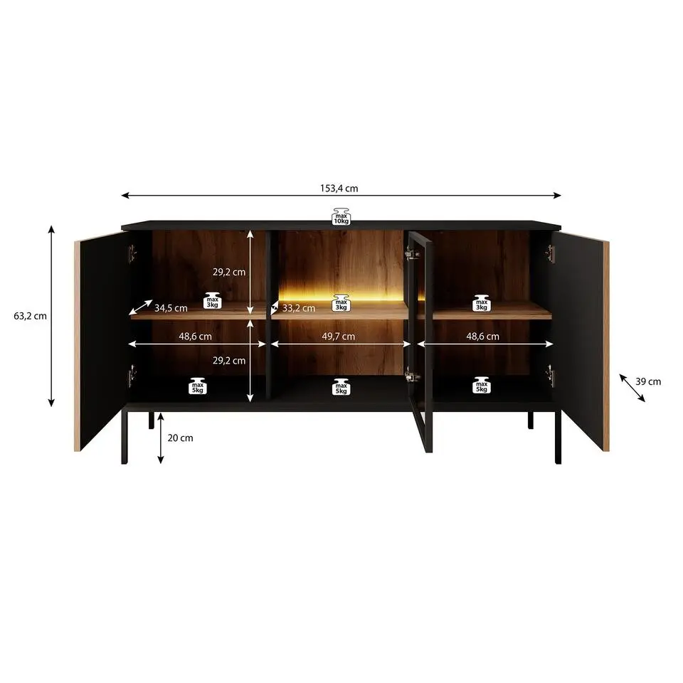 Meubella - Dressoir Legend - Mat zwart - Eiken - 154 cm
