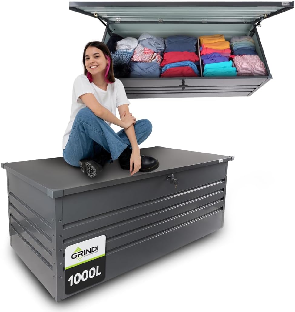 Grindi - Gartenbox Metall - Kissenbox - Auflagenbox - 1000l - 185x82x75 - Orto III - Aufbewahrungsbox mit Deckel - Outdoor - Sitzbank mit Stauraum - Gartenhaus - Geräteschuppen - Truhe mit Deckel