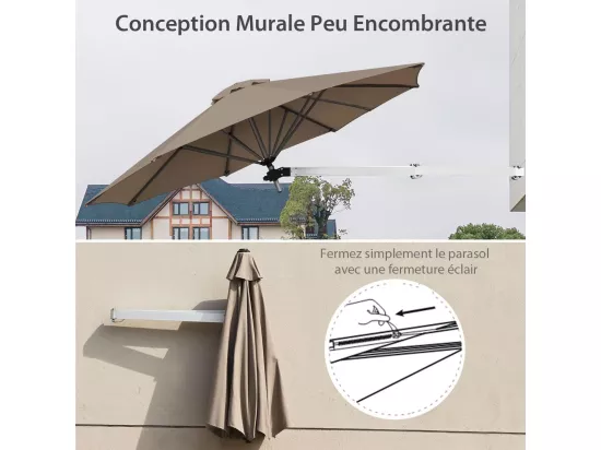 Parasol Mural en Aluminium Ø 250 CM, Parasol en Porte-à-Faux de Balcon avec Mât Réglable, Parasol Inclinable avec Tissu anti-UV et Évent, pour Terrasse, Jardin, Café (Brun)