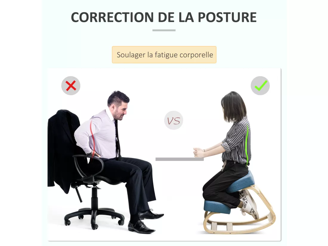 Tabouret ergonomique - siège assis à genoux - chaise à genoux grand confort - bois bouleau polyester bleu