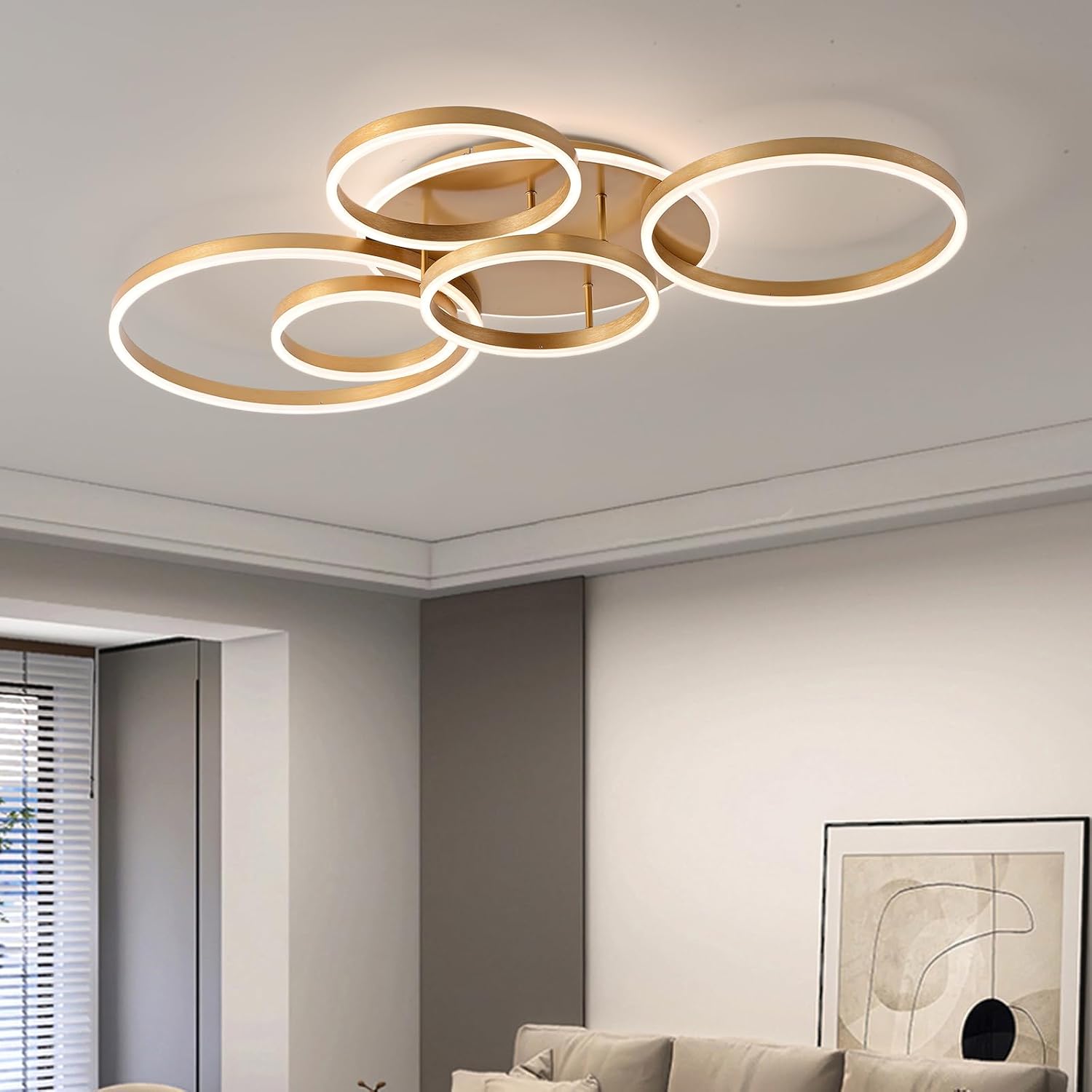 Dimmbare Led Deckenleuchte,116Cm Unterputz-Wohnzimmerlampe,108 W,6400 Lm,Deckenleuchte Mit Fernbedienung,6-Ring-Kronleuchter FüR Wohnzimmer, Schlafzimmer,Esszimmer, 3000–6000 K,Deckenlampe Gold,