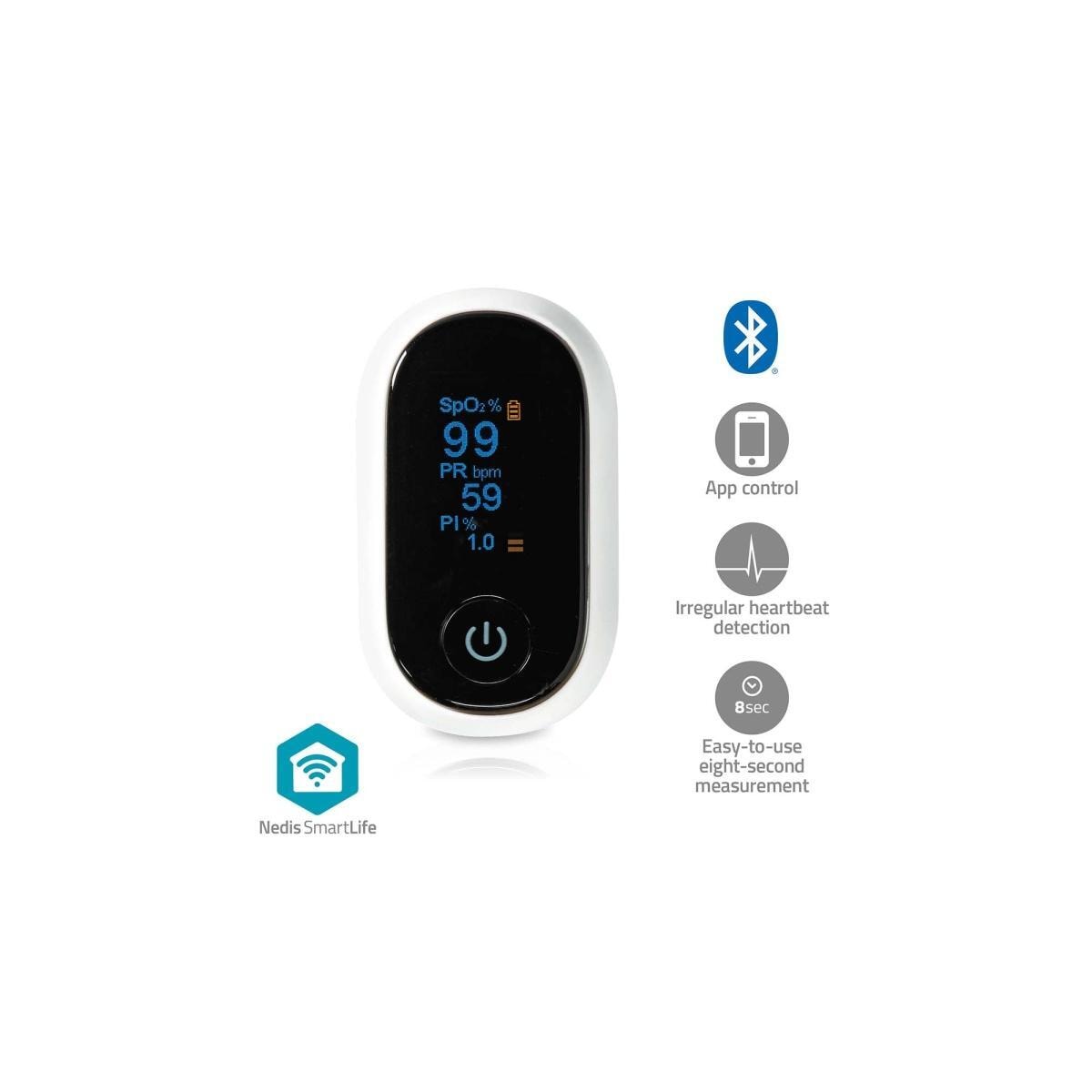 Nedis SmartLife Pulsoksymeter | Bluetooth | OLED-Skjerm | Anti-bevegelse interferens / Auditiv alarm / Oksygenmetning (SpO2) / Perfusjonsindeks / Puls / Sensor med høy presisjon | Hvit