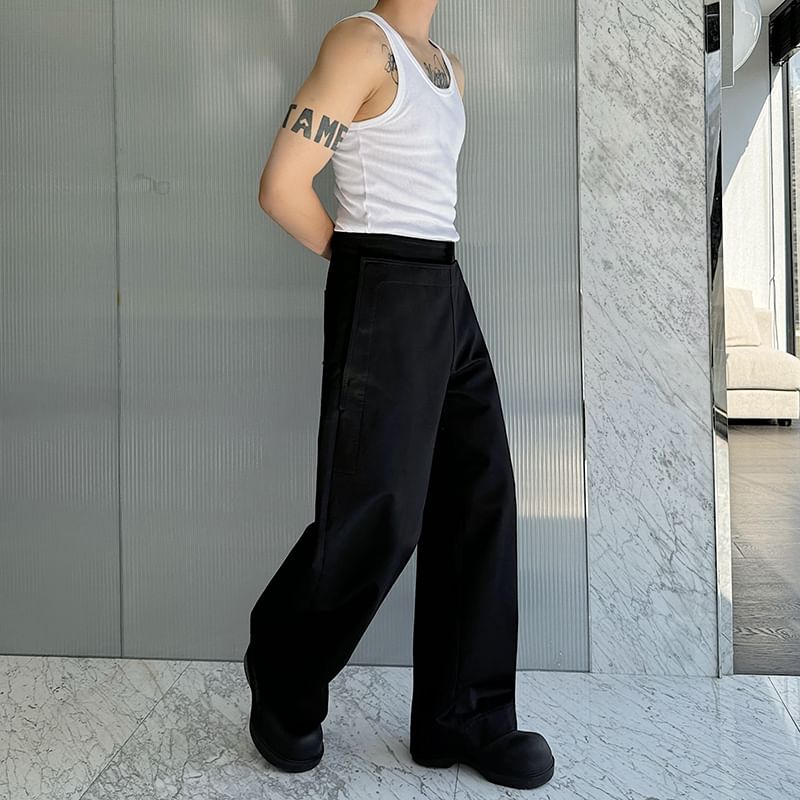 Freehop - High Waist Mock Two-Piece Plain Wide Leg Pants