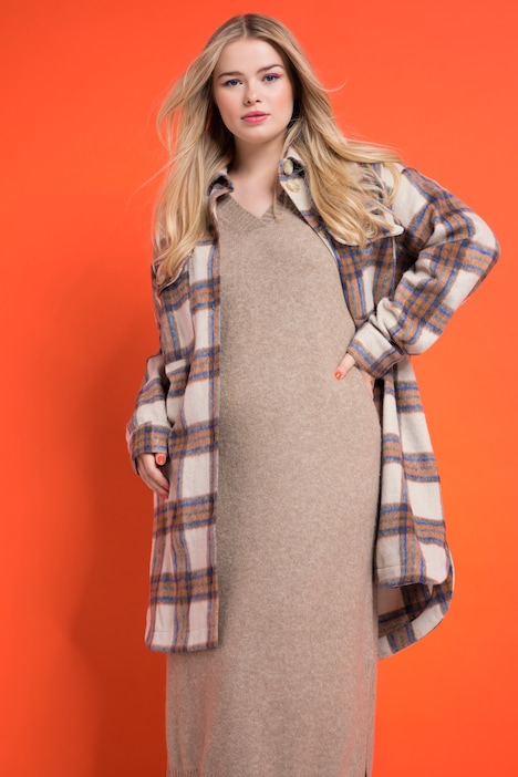 Karo-Hemdjacke, long und oversized, Hemdkragen