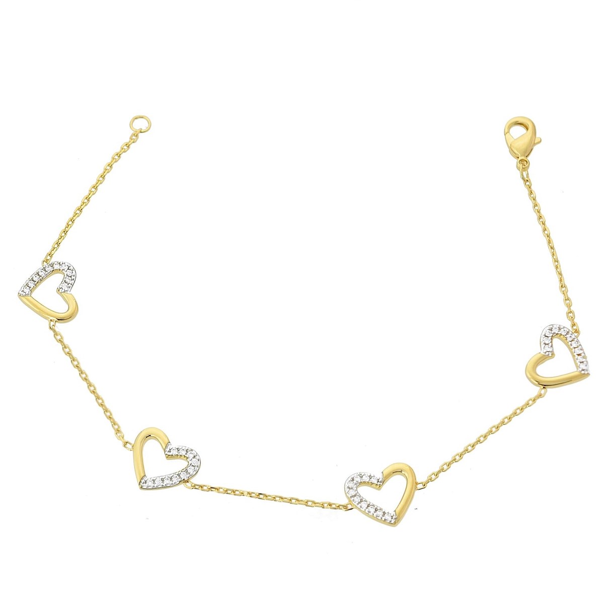 Bracelet 4 coeurs sertis d'oxyde de zirconium Plaqué OR 750 3 microns 2 tons