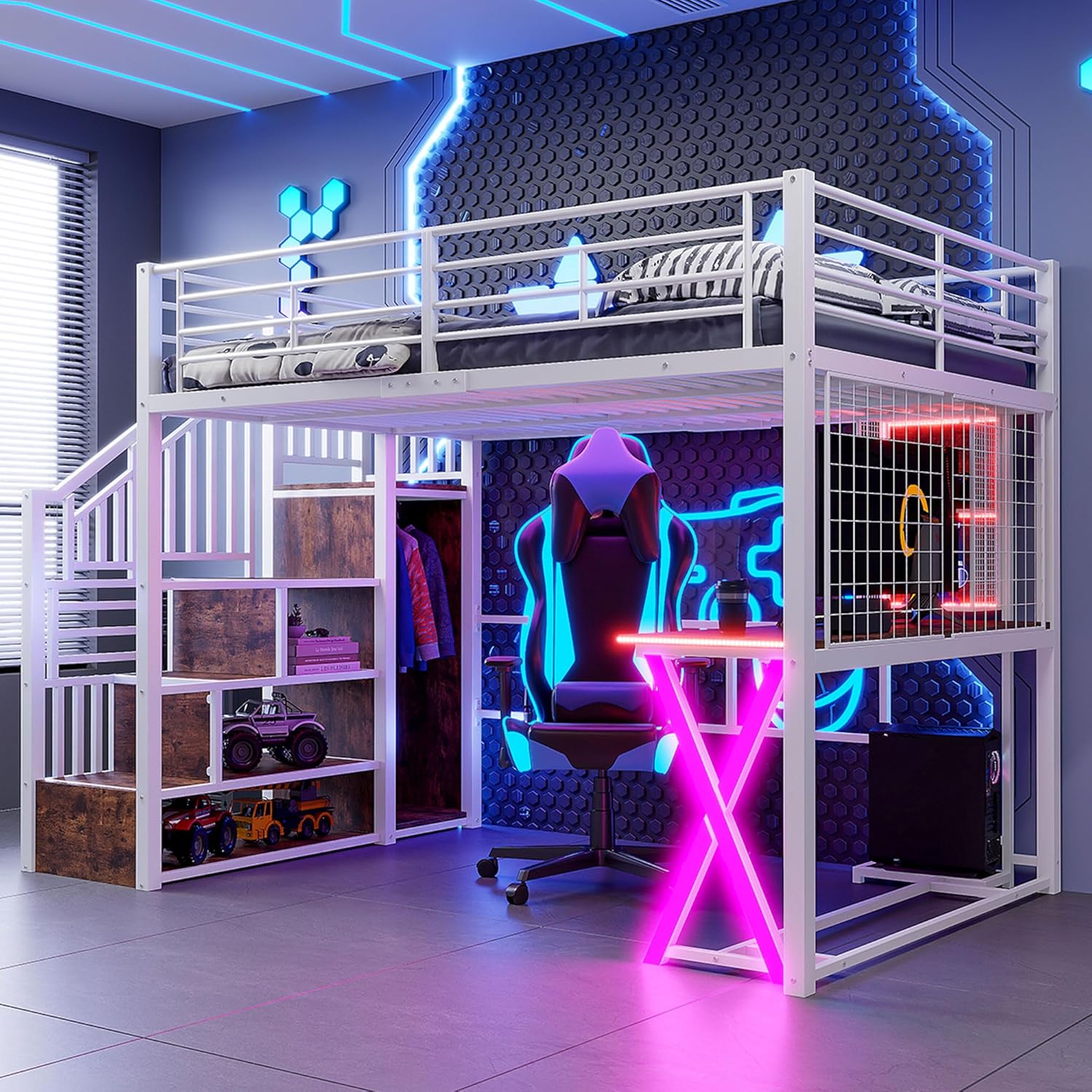 LED Hochbett 140x200 cm mit Schreibtisch, Bücherregal, Treppe und Kleiderschrank, Etagenbett mit Lattenrost, Funktionsbett Metallbett Spielbett Kinderhochbett Jugendhochbett, ohne Matratze, Weiß