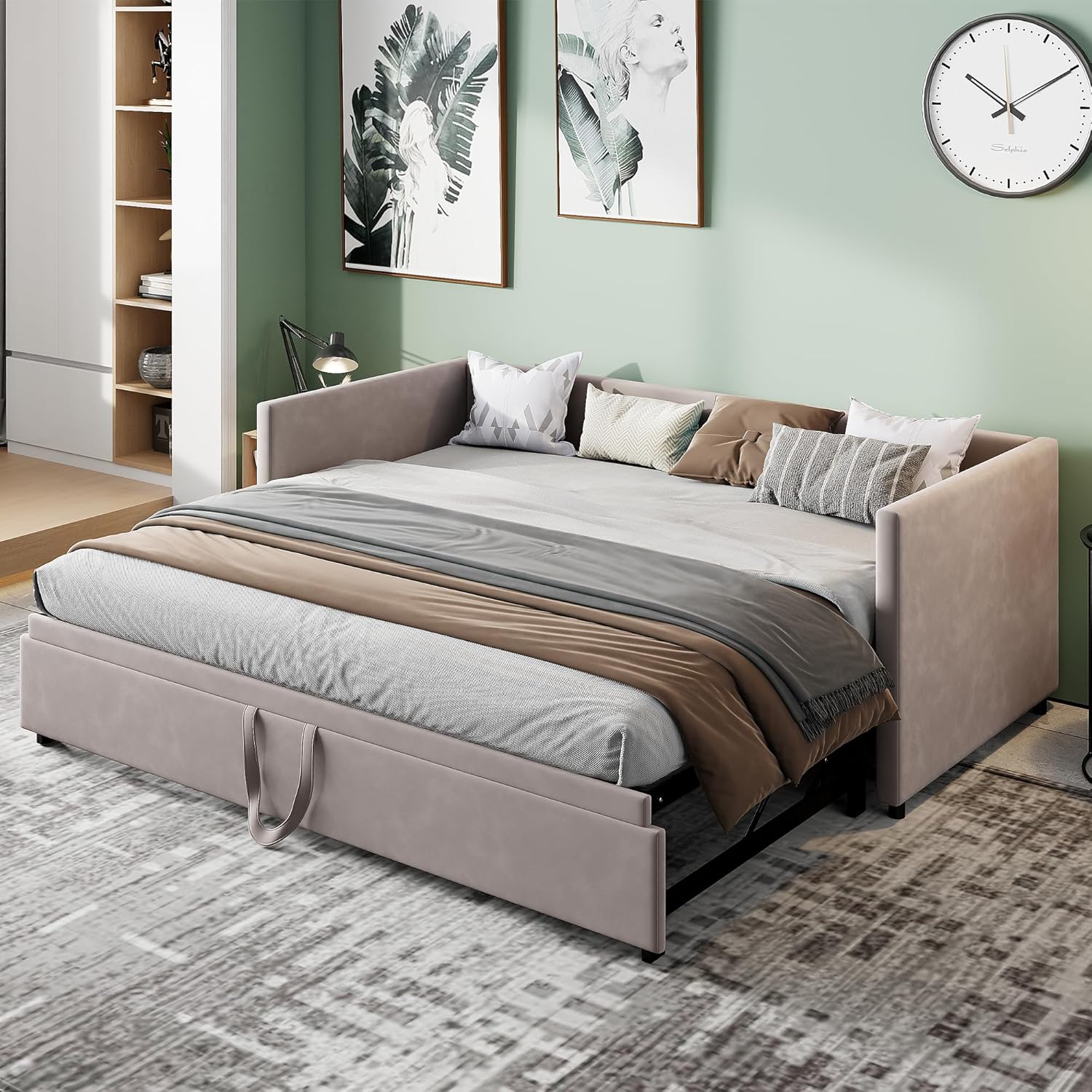 Schlafsofa Cabrio 90/180x200 cm, modernes 2-in-1-Schlafsofa mit ausziehbarem Doppelbett, platzsparendes Design mit weicher Samtpolsterung (Grau-A, 90/180 x 200 cm)