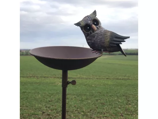 Mangeoire à oiseaux pique jardin abreuvoir hiboux fer marron 125cm