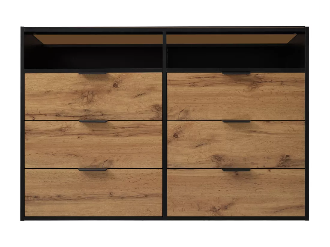Commode avec 6 tiroirs et 2 compartiments - plateau en verre - Marron