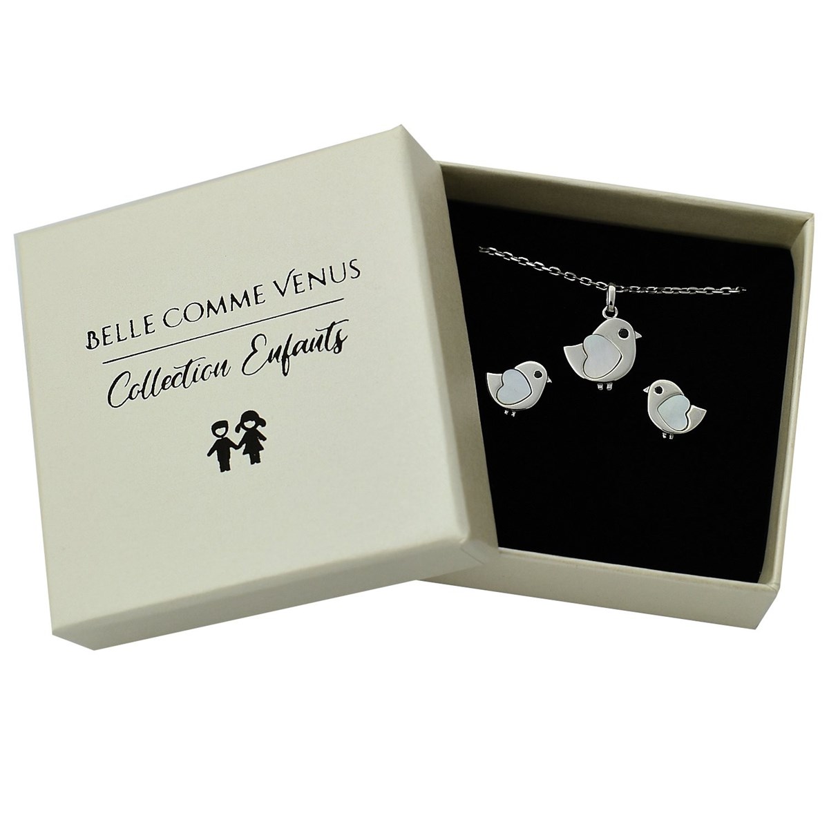 Parure oiseau coeur de nacre oeil oxyde de zirconium noir Argent 925 Rhodié
