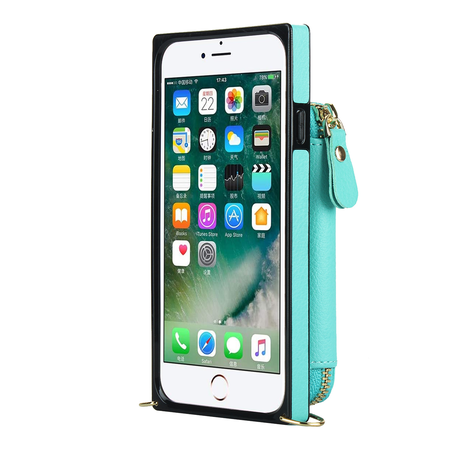 iPhone SE (2022/2020) / 8 / 7 / 6S Necklace Leder Schutz Hülle mit Kartenfächer   Handykette (140cm) - Türkis