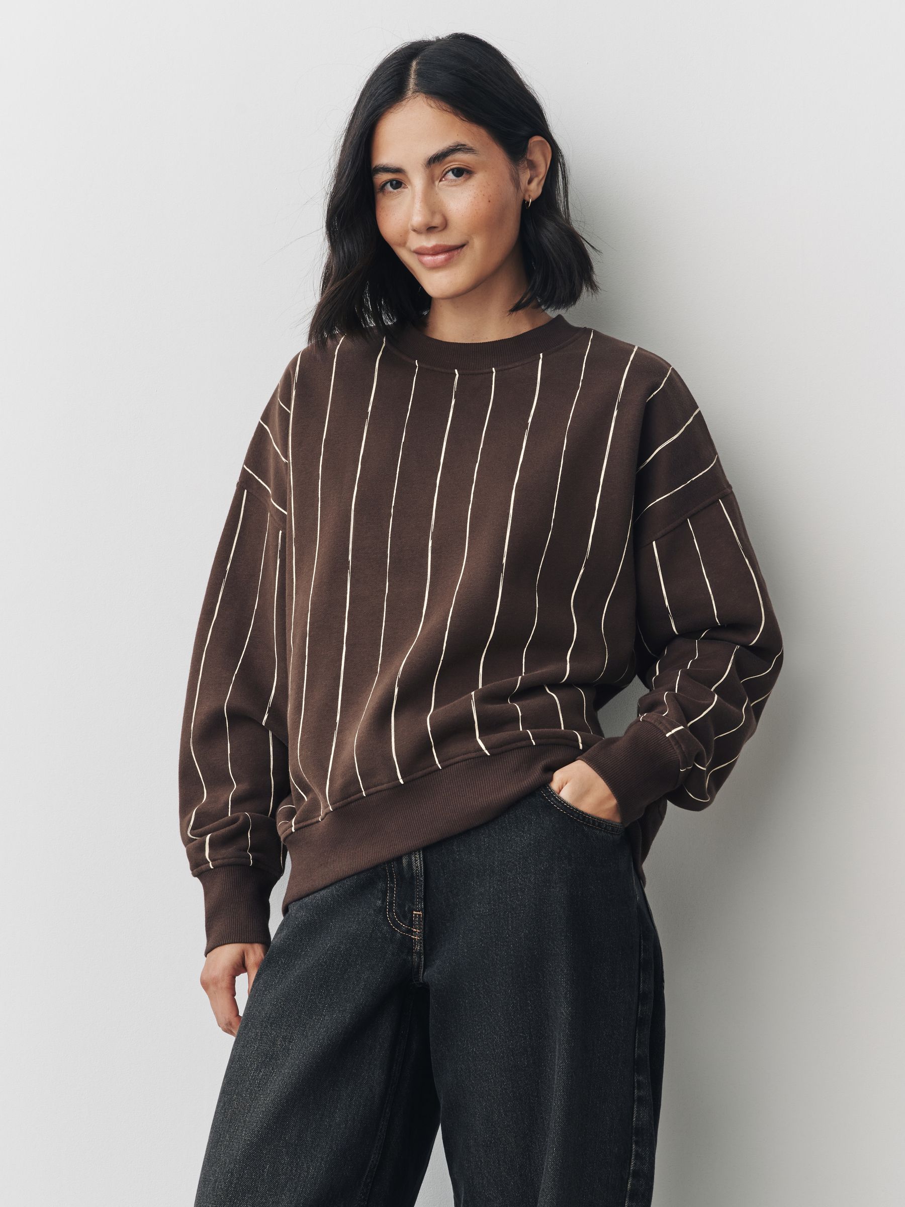 Brown/Pink Stripe - Supersoft Peached Essentials sweatshirt met ronde hals en naaddetail